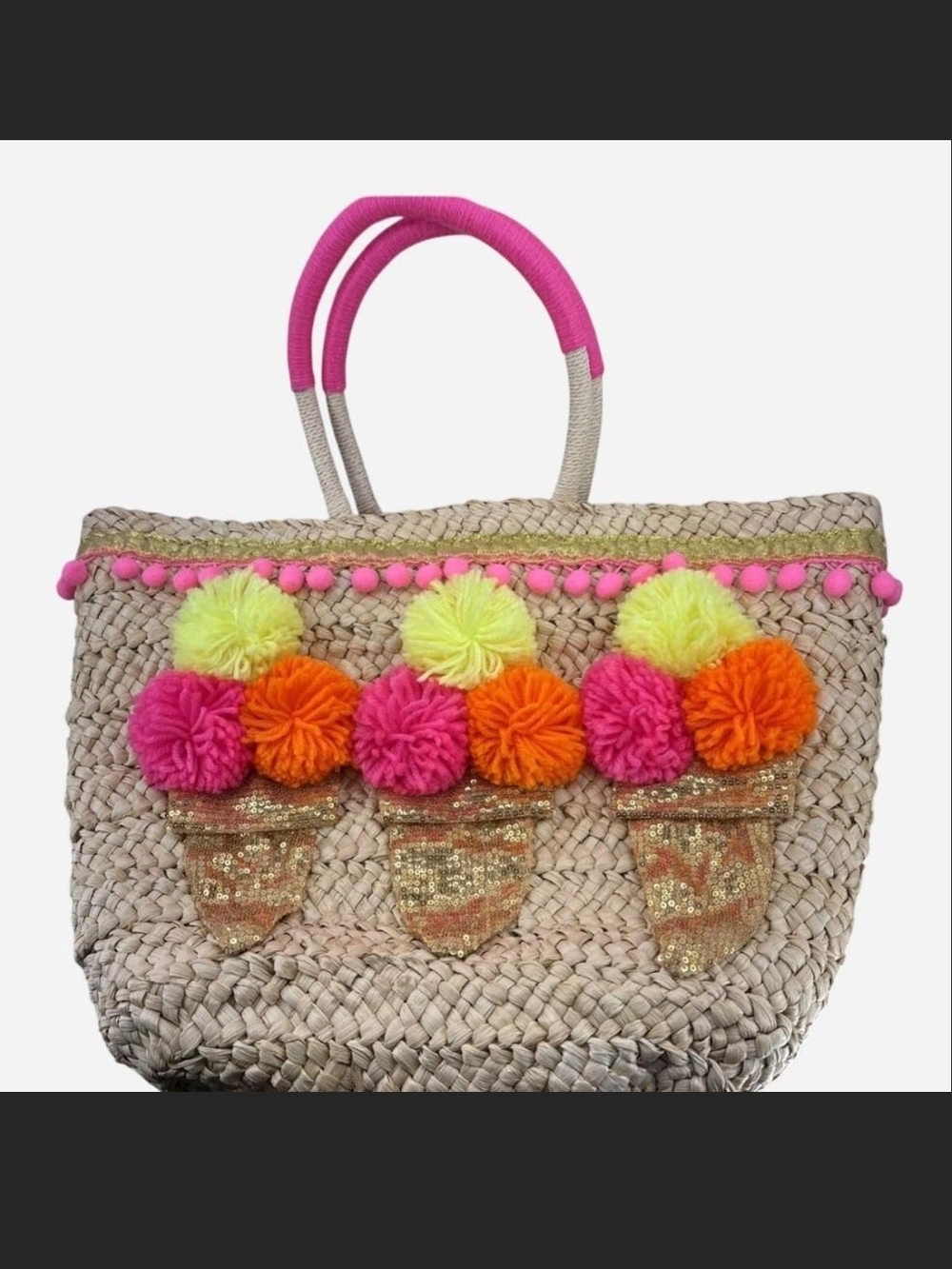 Emma Lomax London Boho Pom-Pom Straw Tote Bag - Pink, Orange, Yellow. Whimsical!